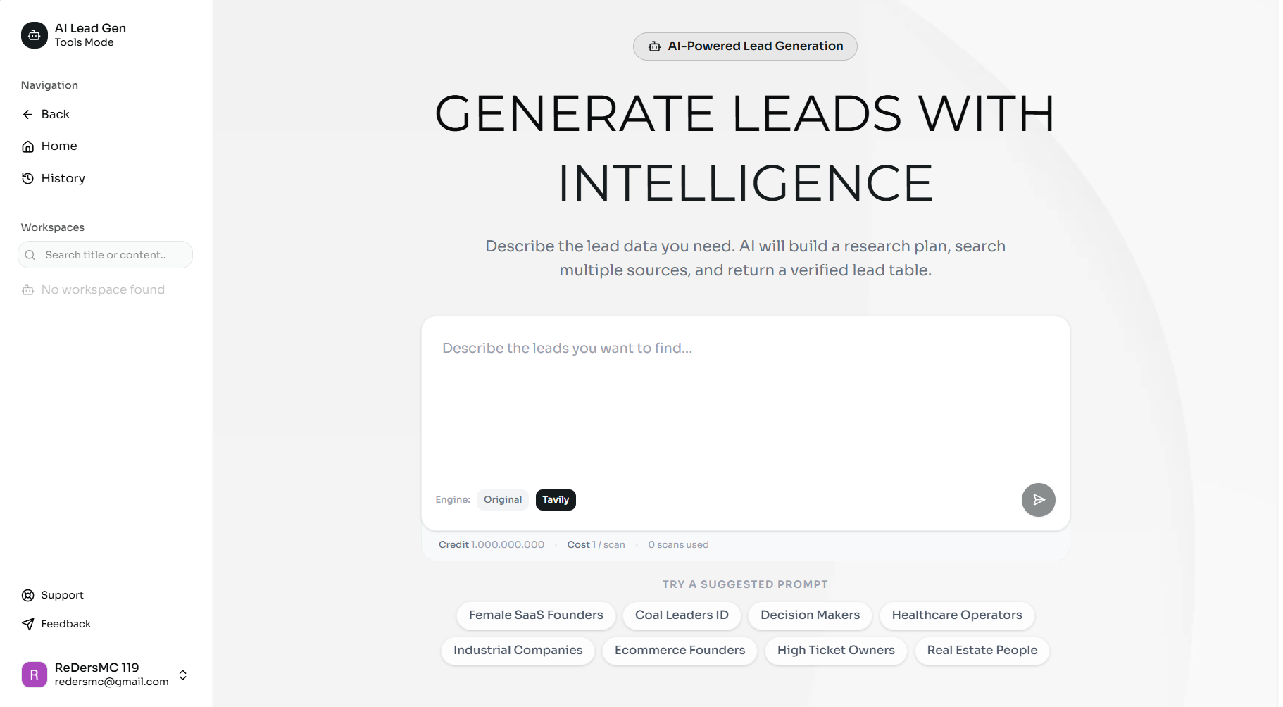 AILEEN dashboard with prompt box and suggested lead searches